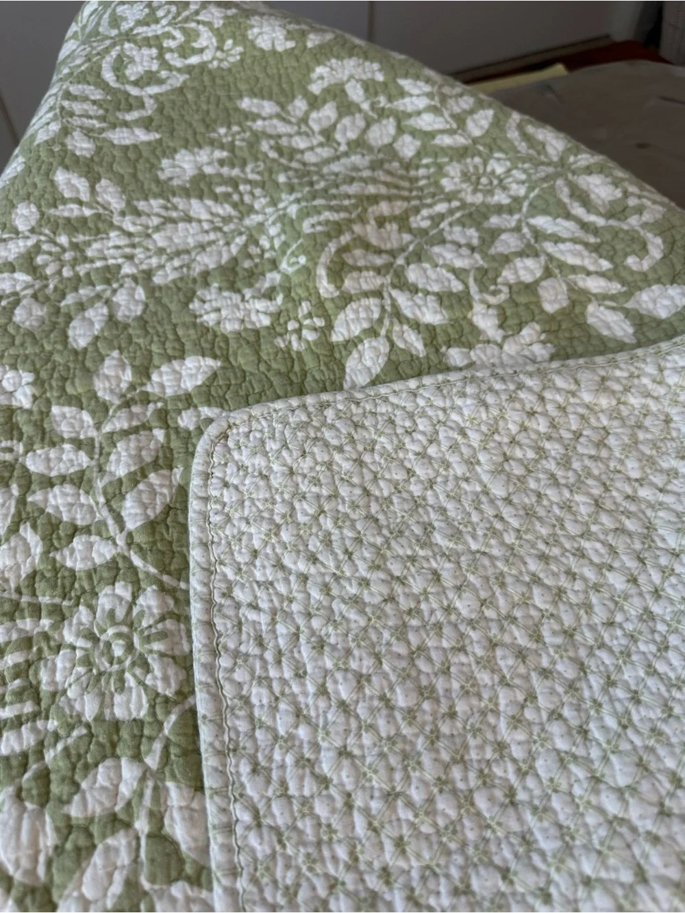 Laura Ashley Green and White Reversible Quilted Coverlet